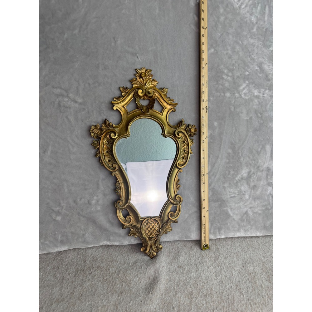 Vintage Gold Ornate Wall Mirror Baroque Rococo Style Floral Scroll 18.5x10.5in